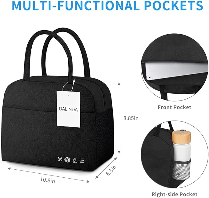 DALINDA Lunch Bag Lunch Box for Women Men Reusable Insulated Lunch Bags,Water-Resistant Cute Cooler Lunch Tote Bag, Large Capacity for Work Travel Picnic,Black