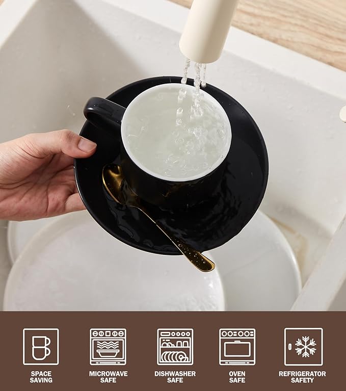 Lareina 8 Ounce Porcelain Cappuccino Cups Set of 4, Stackable Coffee Cups with Saucers, Spoons and Metal Stand -for Specialty Coffee Drinks, Cappuccino, Latte, Americano and Tea, Black