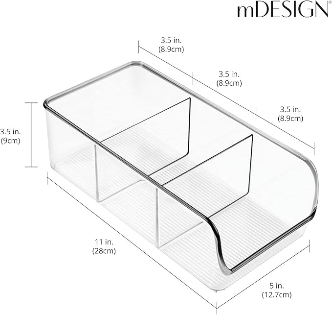 mDesign Plastic Food Storage Bin Organizer with 3 Compartments for Kitchen Cabinet, Pantry, Shelf, Drawer, Fridge, Freezer Organization - Holds Snack Bars - Ligne Collection - 2 Pack - Clear