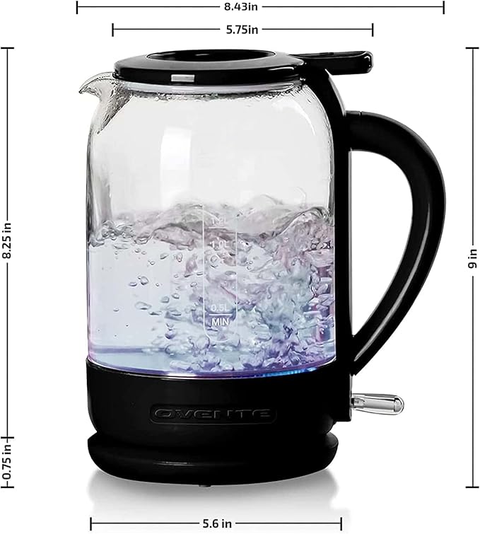 OVENTE 1.5L Electric Kettle and Coffee Beans Grinder Set, 1500W Fast Boiling Borosilicate Glass Water Heater and 2.5Oz Compact Grinding Mill with Stainless Steel Blade Combo, Black KG516B + CG225B