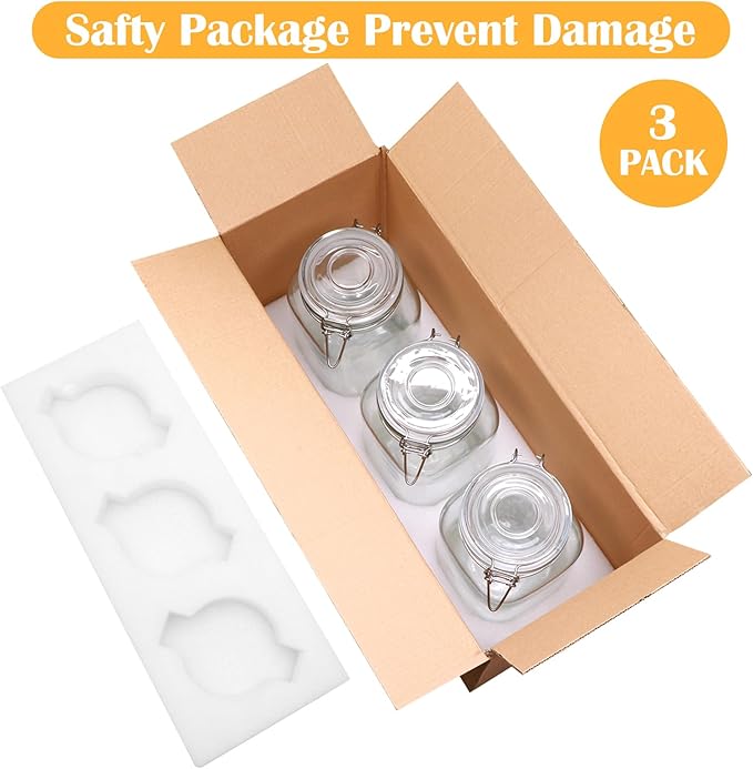78oz Glass Storage Jars with Airtight Lids Set of 3, Pantry Storage Containers with Lids, Square Large Airtight Glass Jars, Perfect for Kitchen Canning Cereal, Pasta, Flour, Coffee Beans