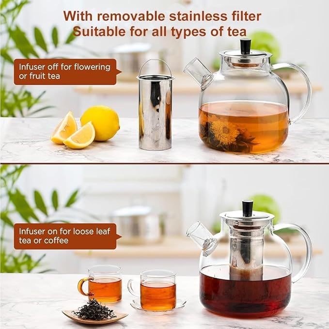 Glass Teapot with Removable Infuser,Ehugos 800ml (27OZ) Stovetop Safe Small Tea Pot, Blooming and Loose Leaf Hand Crafted Kettle for Women and Adult with Stainless Infuser