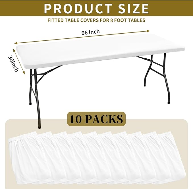 10 Pack Stretch Fabric Table Top Cap Cover, fits 8' Tables, Spandex Table Covers Washable Elastic Rectangle Tablecloth Protector for Indoor Outdoor Party Picnic Wedding, White, 30" W x 96" L