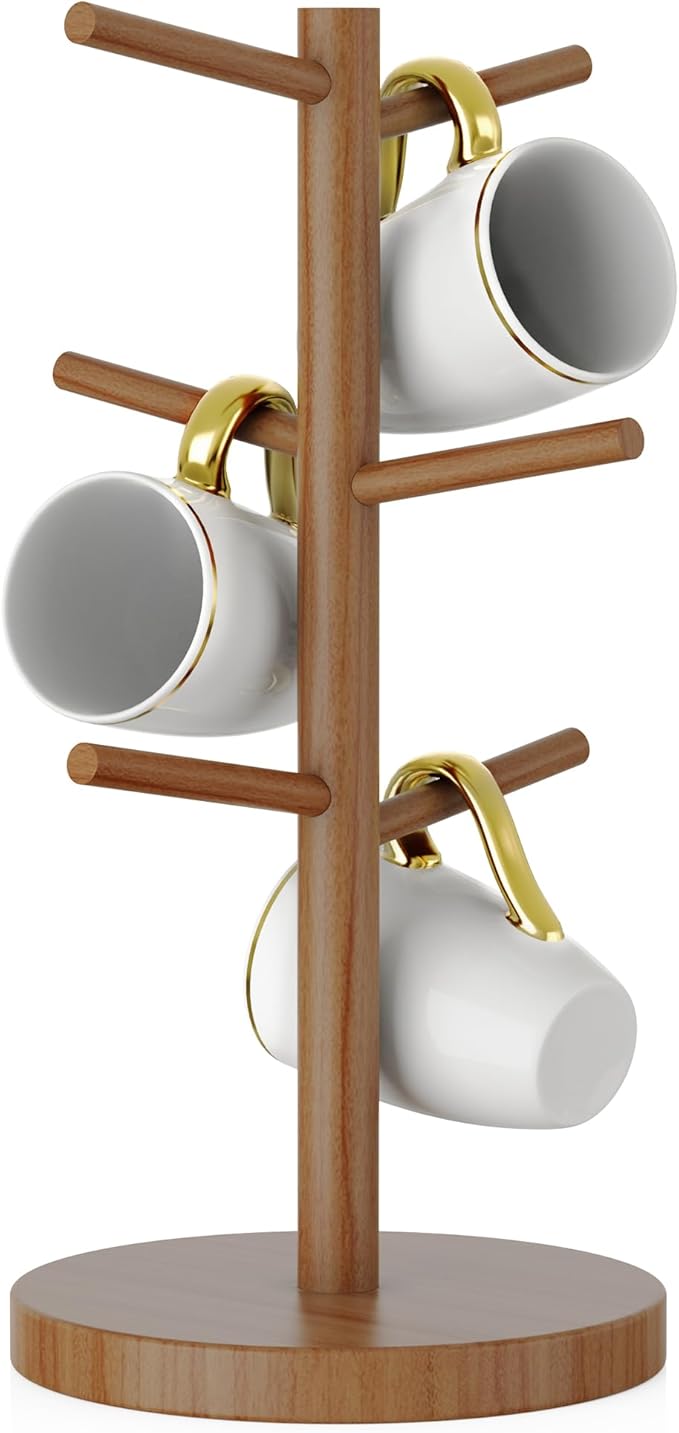 Wisuce Coffee Mug Holder, Bamboo Mug Tree with Thicker Base Coffee Cup Mug Stand for Counter, Mug Rack with 6 Hooks