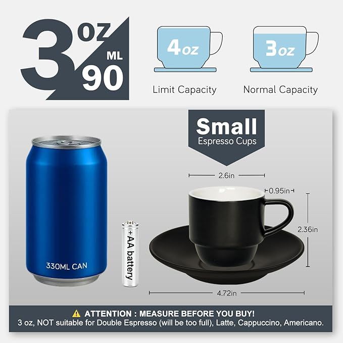 Lareina 3-Ounce Espresso Cups Set of 4, Small Stackable Coffee Cups with Saucers, Spoons and Metal Stand, Ceramic Demitasse Mugs, Espresso Accessories for Machine, Black