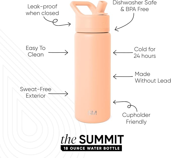 Simple Modern Kids Water Bottle with Straw Lid | Vacuum Insulated Stainless Steel Metal | Reusable Leak Proof BPA-Free Thermos for School | Summit Collection | 18oz, Bellini