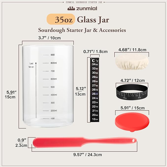 Sourdough Starter Jar, 35OZ Glass Sourdough Jars Wide Mouth With Red Silicone Cap, Sourdough Starter Kit with Date Marked Feeding Band, Thermometer, Cloth Cover