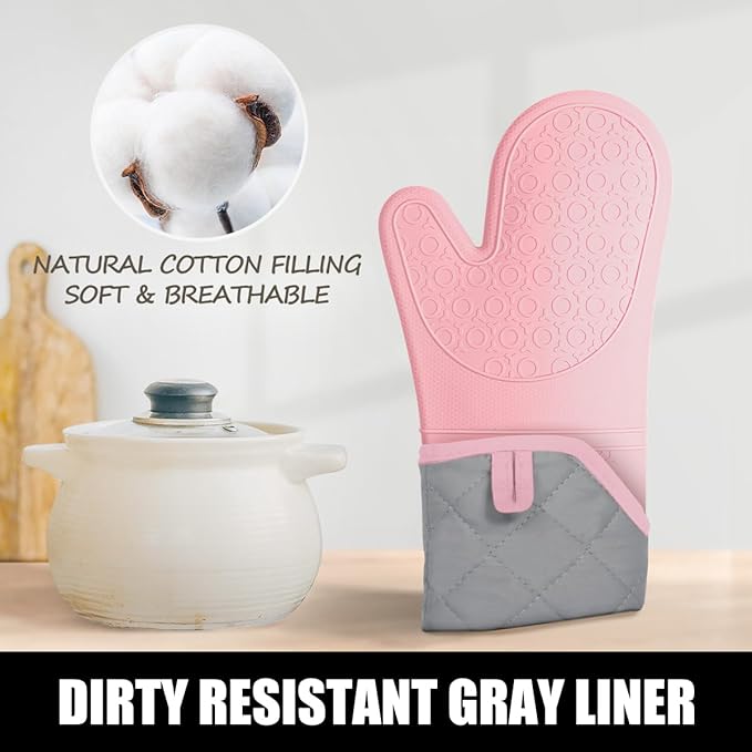 Rorecay 6pcs Oven Mitts and Pot Holders Sets for Kitchen, Extra Long Non-Slip Silicone Oven Gloves Heat Resistant 500 Degrees Potholders Hot Pads for Baking Cooking, Quilted Liner, Pink
