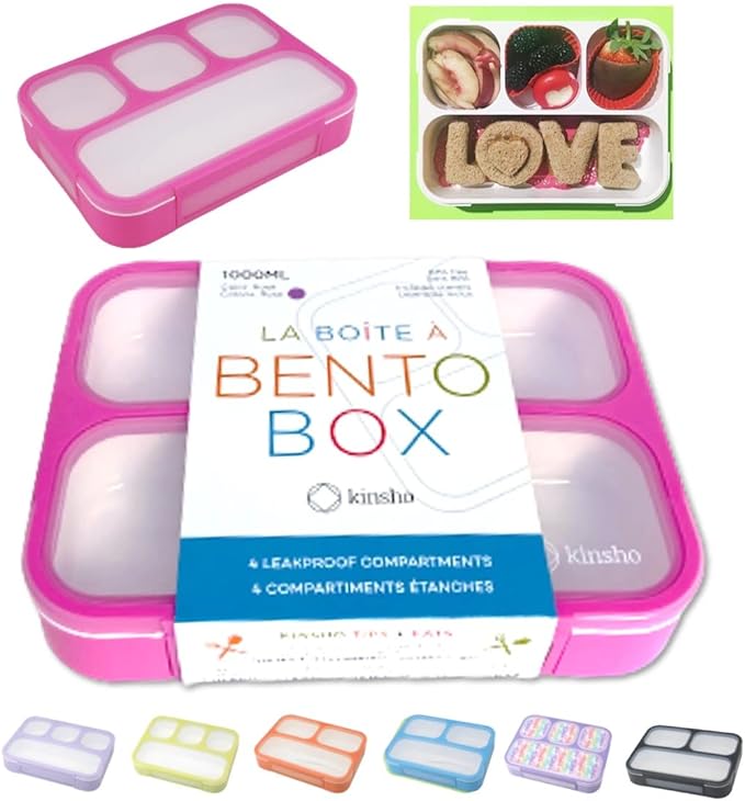 kinsho Bento Lunch Box Kids & Adults. Meal and Snack Containers for Boys, Girls for School Work Travel, 4 Sealed Divided Compartments, BPA Free, Utensils (Rose Pink, 1 Pack)