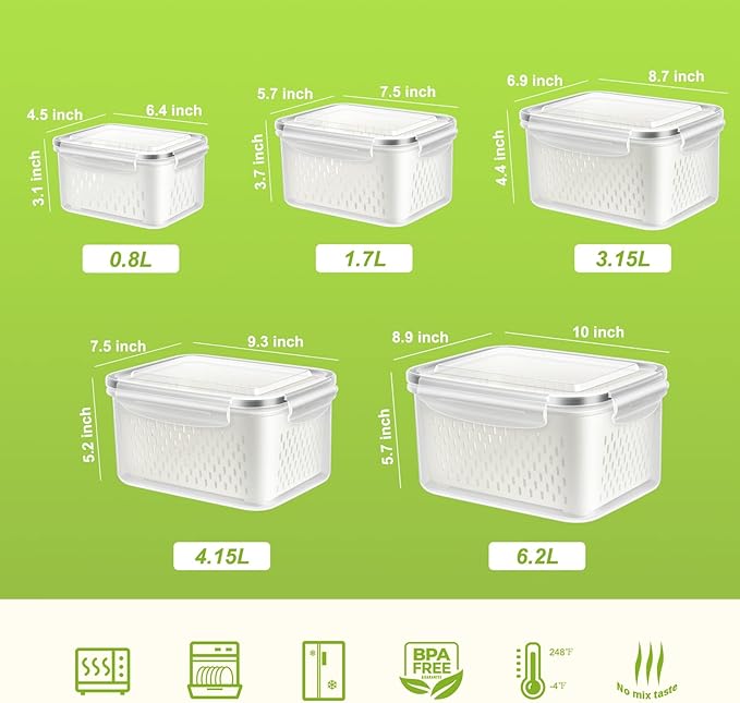 5 PCS Fridge Food Storage Container with Colander, Plastic Fresh Produce Saver Keeper for Vegetable Fruit Berry Salad Lettuce Meat Fish, BPA Free Kitchen Refrigerator Organizer Bins (6.2L-0.8L)