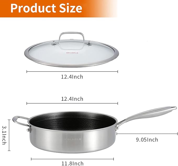 DELARLO Frying Pan,12 inch Tri-Ply Stainless Steel Skillet,6 Quart Saute Pan with lid, Compatible with All Cooktops,Oven Up to 660℉,Chicken Fryer,Dishwasher-Friendly