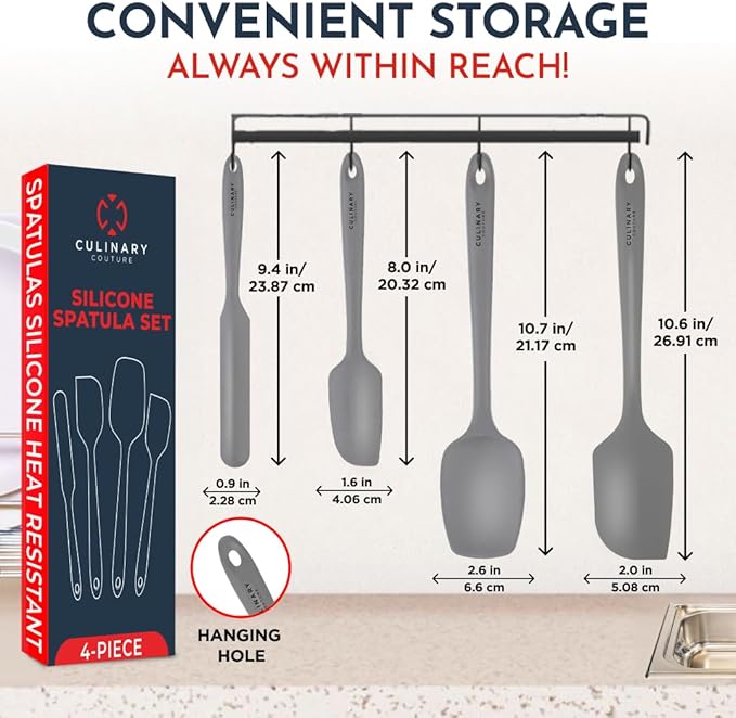 4-Piece Grey Baking Spatula Set - Holiday Baking Essentials, Rubber Spatulas Silicone Heat Resistant, BPA-Free - Spatula Set for Nonstick Cookware - Silicone Baking Utensils