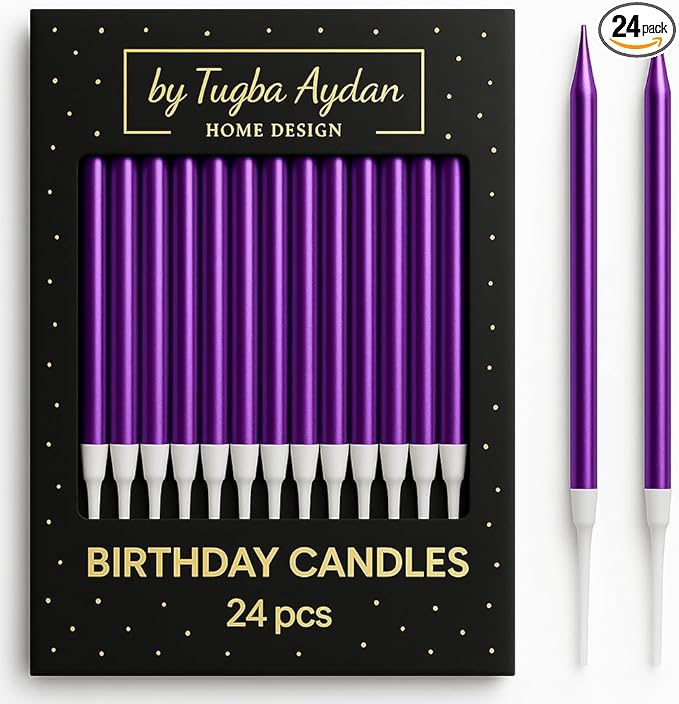 by Tugba Aydan - Purple Birthday Candles - 24 Count Long Thin Purple Birthday Candles for Cake, Metallic Cake Candle for Birthday, Party Candles