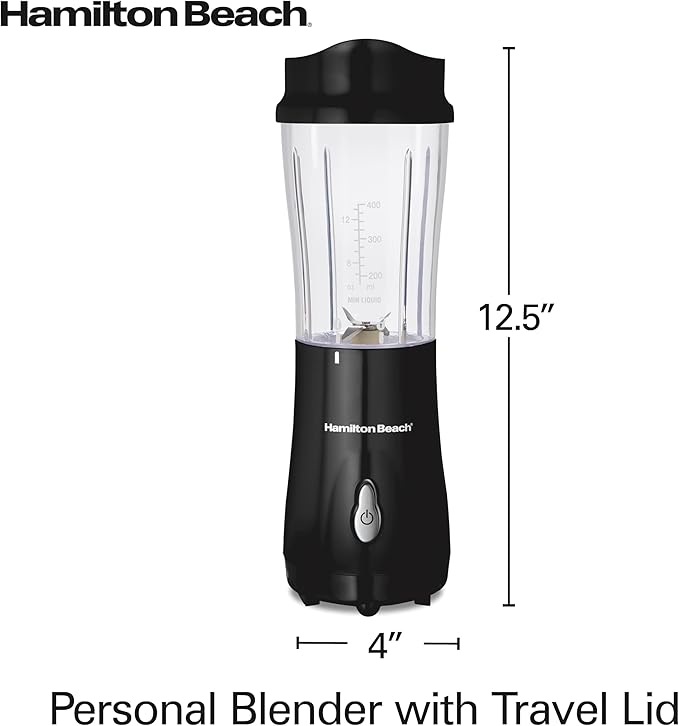 Hamilton Beach Portable Blender for Shakes and Smoothies, 14 Oz BPA Free Travel Cup & Lid, Durable Stainless Steel Blades, Personal Smoothie Blender, Black (51101AG)