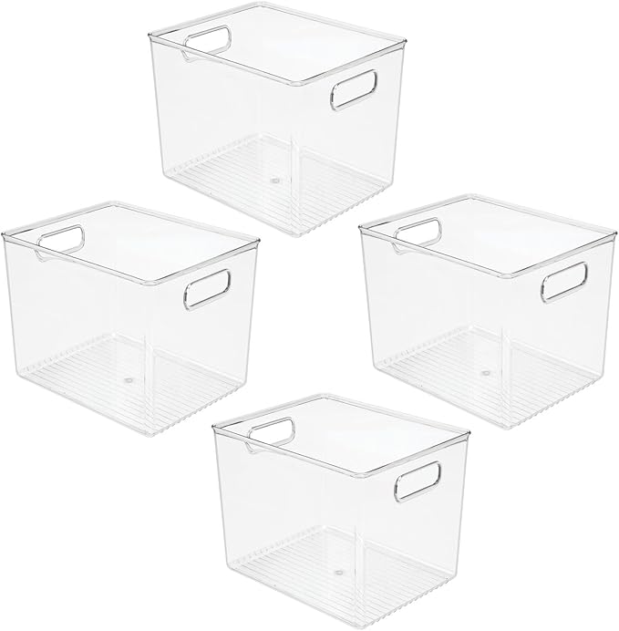 mDesign Plastic Storage Closet Organizer Bin, Container Bin for Entryway, Hallway, Linen, and Coat Closet - Organization for Clothing, Blankets, Toys, and Accessories, Ligne Collection, 4 Pack, Clear