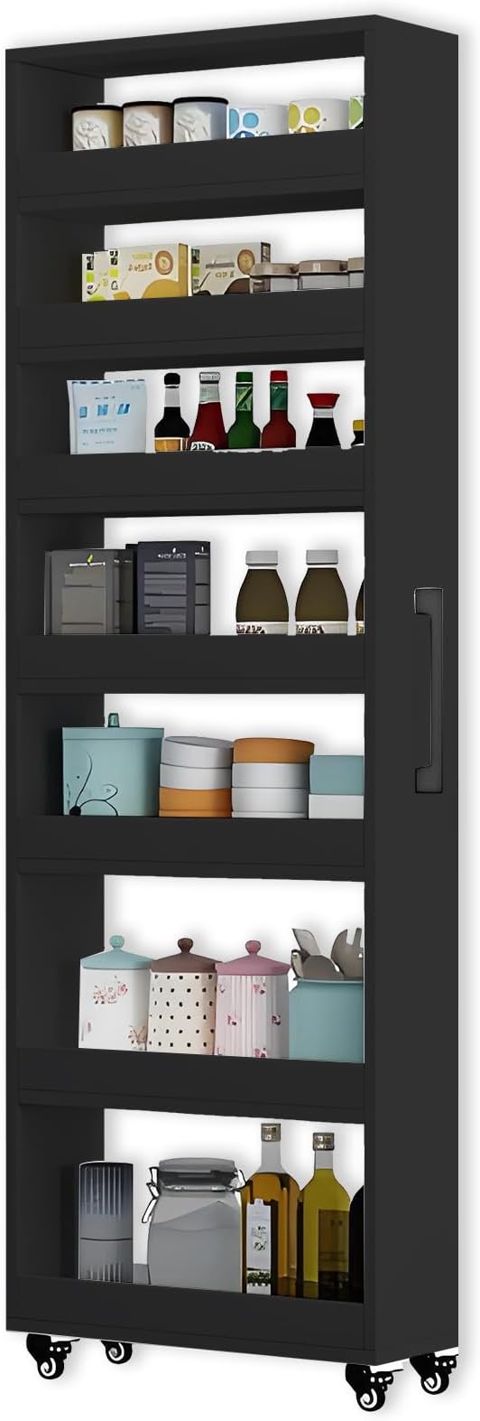 7-Tier Slim Storage Cart, Wooden Rolling Pantry Cabinet with Wheels, Narrow Shelf Organizer for Kitchen, Bakers Rack, Dining Room, Closet, Small Spaces Dark Walnut 47.2" H*5.9" W*23.6" D