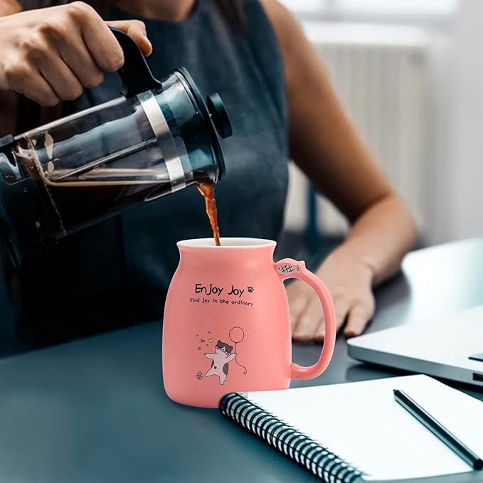 Bgbg Novelty Cat Mug Cute Ceramic Coffee Cup with Kawaii Wooden Kitty Lid, Lovely Claw Spoon, Anime Wooden Coaster, Pink Birthday Mug Gift for Cat Lovers Girl Kids Women 480ML (Pink)