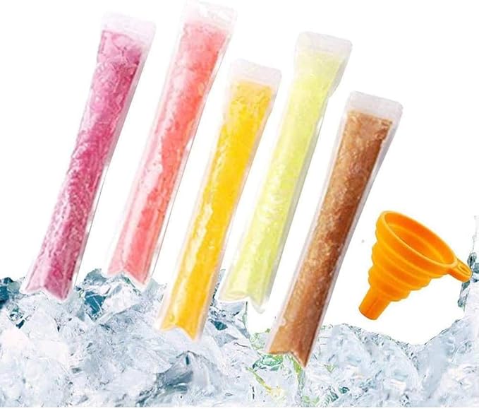 FEBSNOW 200 PCS Pop Bags - Pop Mold Bags with Funnel for Yogurt, Ice Candy, Ice Cream Party Favors (11"x2")