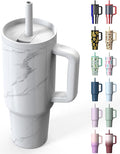 TILUCK 40 oz Tumbler with Handle, Vacuum Insulated Stainless Steel Travel Mug with 100% Leak-Proof Silicone Straw Lid, Cupholder Friendly Water Bottle(Marble, 40oz)