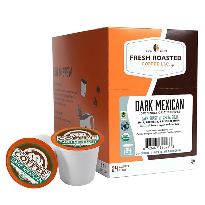 Fresh Roasted Coffee, Organic Dark Mexican | Mold & Myco 3rd Party Tested, USDA Organic, Kosher | Dark Roast 24 Pods for K Cup Brewers