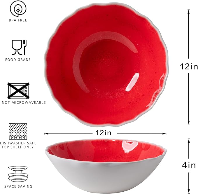 Melamine Large Serving Bowls, 12x4 ''And 130 OZ, Set of 2, Unbreakable and Dishwasher Safe Bowls Set for Serving Salad, Fruit, Pasta and Side Dishes on Christmas,Party All Occasions, Red