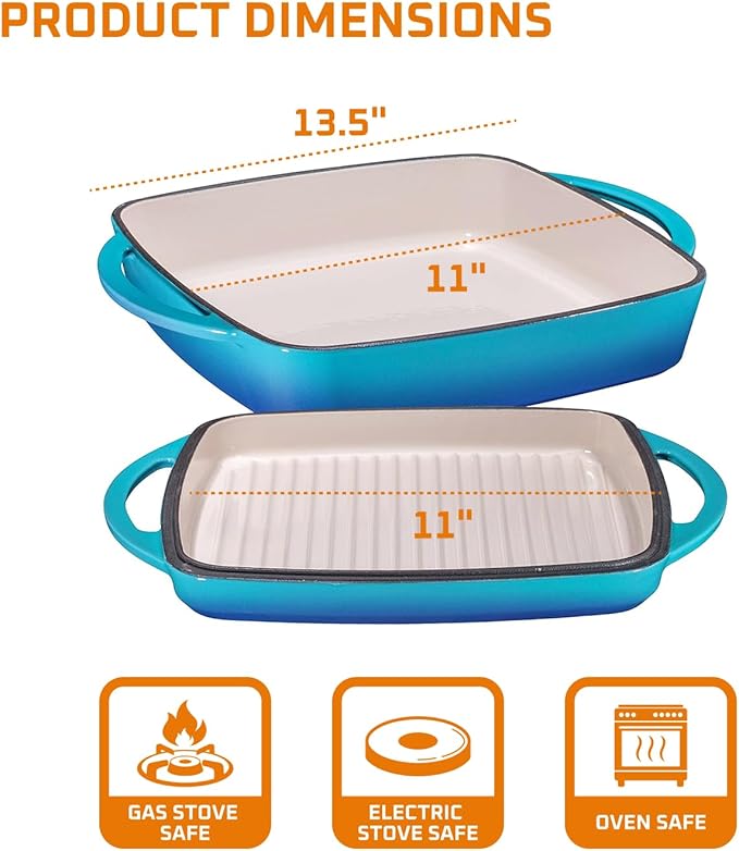 Bruntmor 11" Enameled Cast Iron Cookware - 2-in-1 Square Cast Iron Baking Dish with Lid for Baking, Braising and Roasting - Durable and Nonstick Skillet Dutch Oven with Dual Handles - Caribbean Blue