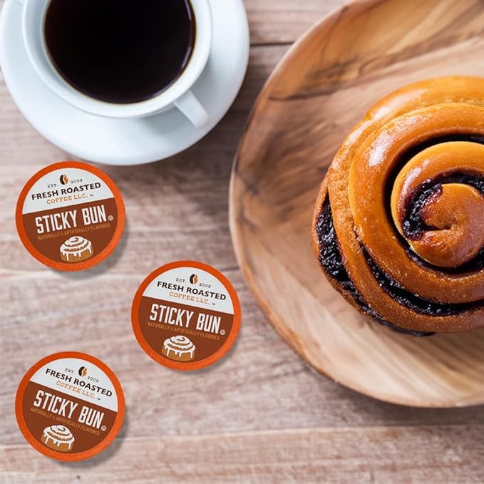 Fresh Roasted Coffee, Sticky Bun, Flavored Coffee Pods, K-Cup Compatible, 24 Count