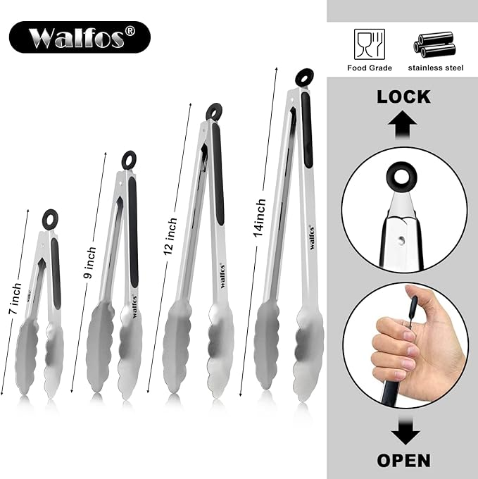 Walfos Stainless Steel Kitchen Tongs for Cooking, BBQ - 7 ，9, 12 and 14 Inch,Set of 4 Heavy Duty Locking Metal Food Tongs Non-Slip Grip