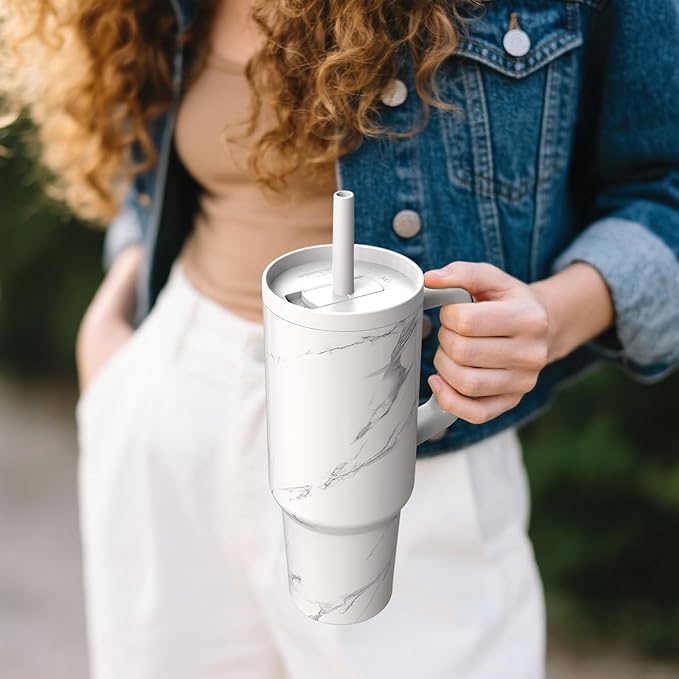 TILUCK 40 oz Tumbler with Handle, Vacuum Insulated Stainless Steel Travel Mug with 100% Leak-Proof Silicone Straw Lid, Cupholder Friendly Water Bottle(Marble, 40oz)