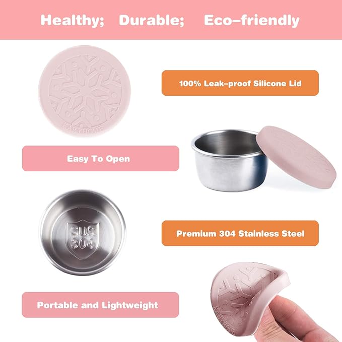LALASTAR Salad Dressing Containers Set, Small Condiment Containers with Silicone Lids, Leakproof & Reusable for Condiments, Snacks, Dipping Sauce, Stainless Steel, 4x1.6oz, Pink