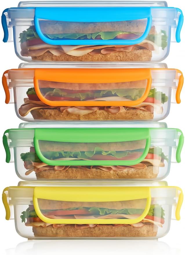 Snap Fresh - 4 Pack of Fun Size Sandwich Containers (450 ml) - Reusable, BPA Free Plastic, Snap & Lock Shut Lids and Silicone Seal. Great for Fruit, Salad, Lunch Box Snacks and Food Storage.