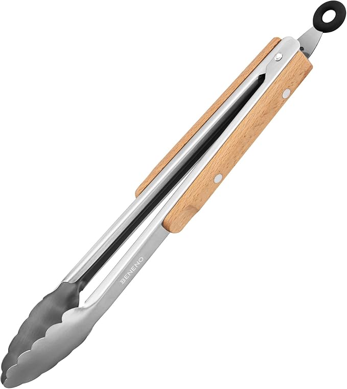 Beneno 12-Inch Food-Grade Stainless Steel Kitchen Tongs with Heat-Insulating Wooden Handle & Non-Slip Scalloped Tips, Heavy Duty Locking Food Tongs for Cooking, Grilling, BBQ and Serving