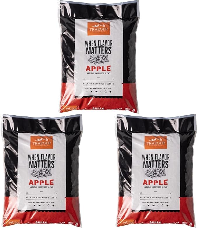 Traeger Grills Apple 100% All-Natural Wood Pellets for Smokers and Pellet Grills, BBQ, Bake, Roast, 18 lb. Bag (Pack of 3)