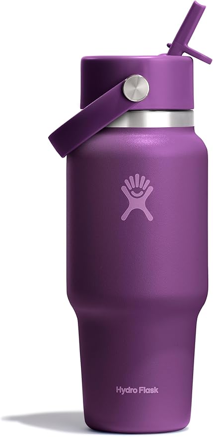 Hydro Flask Travel Water Bottle - Insulated Stainless Steel - Wide Straw Lid, Non Spill, Leakproof in 24 Oz Beachplum Purple