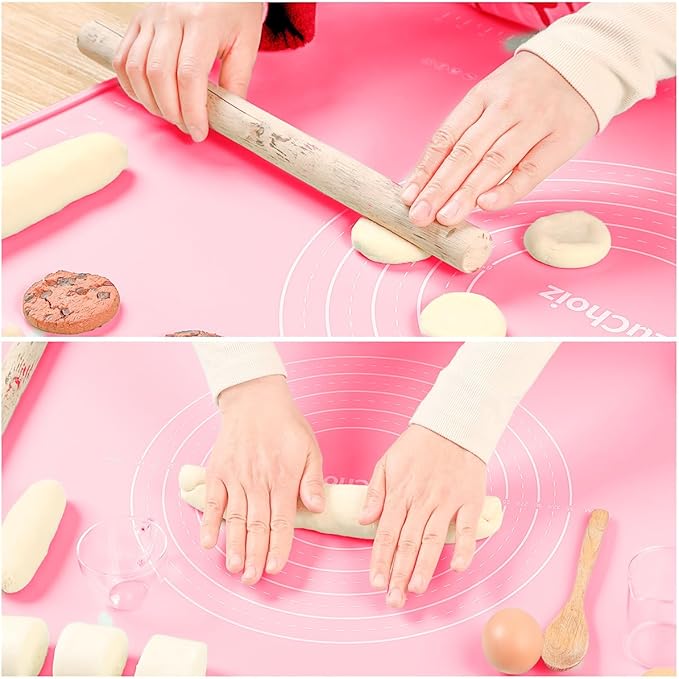 Silicone Pastry Mat 24"*16" Extra Thick Non Stick Baking Mat Food Grade Silicone Dough Rolling Bake Mat with Edge Heightening Pink