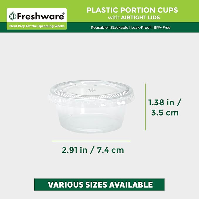 Freshware Plastic Portion Cups with Lids [3.25 Ounce, 100 Sets] Disposable Plastic Cups for Meal Prep, Salad Dressing, Jellos Shot Cups, Souffle Cups, Condiment and Dipping Sauce Cups
