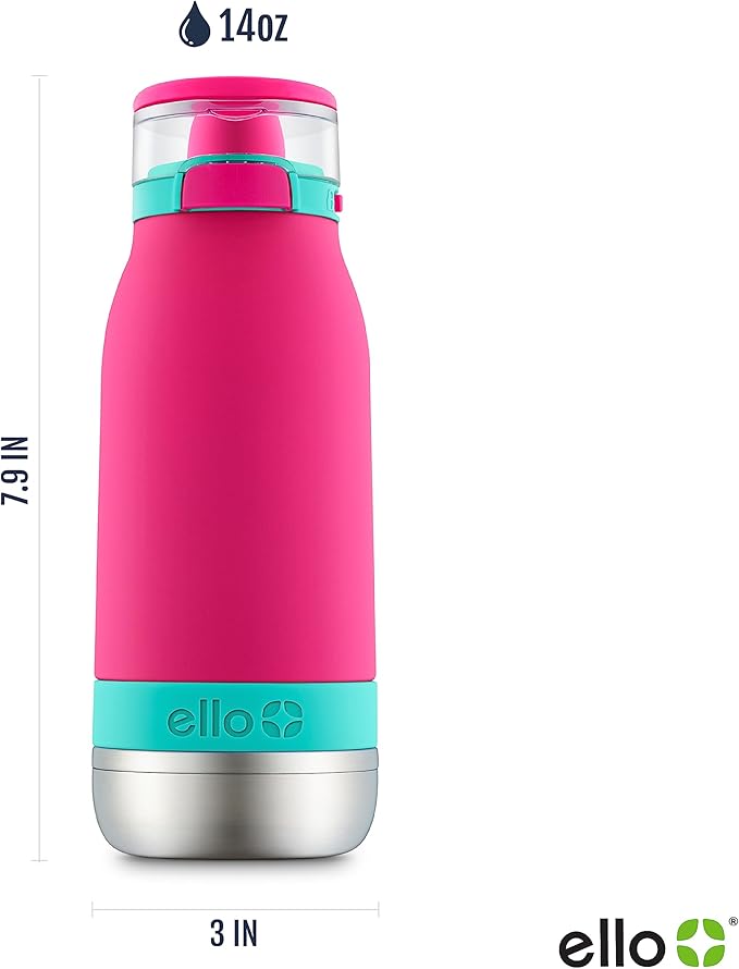 Ello Emma 14oz Vacuum Insulated Stainless Steel Kids Water Bottle with Straw and Built-in Carrying Handle and Leak-Proof Locking Lid for School Backpack, Lunchbox and Outdoor Sports