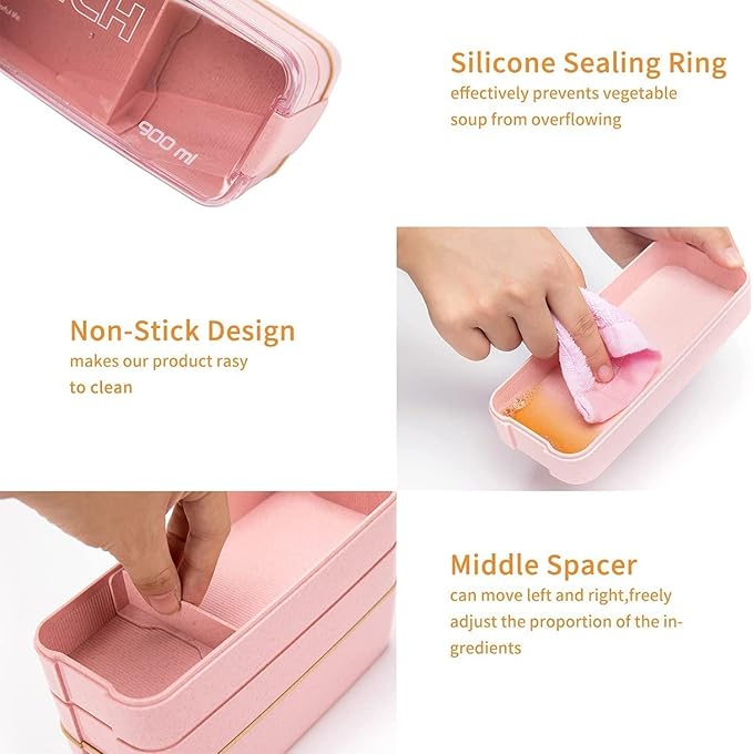 Rarapop Beige Stackable Bento Lunch Box Kit, 3-In-1 Compartment Wheat Straw Lunch Containers with Tableware, Reusable On-the-Go Meal and Snack Containers