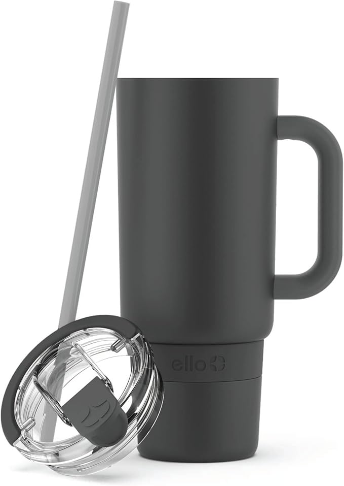 Ello Port 40oz Tumbler with Carry Loop & Integrated Handle, Vacuum Insulated Stainless Steel Reusable Water Bottle, Travel Mug with Leak Proof Lid and Straw, Perfect for Iced Coffee and Tea, Black
