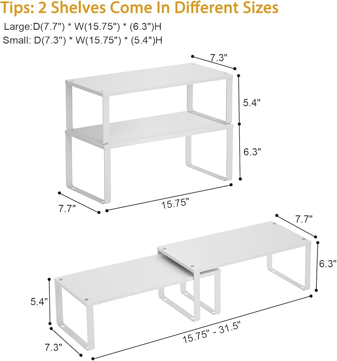 15.75" Long Stackable Expandable Metal Shelf Organizer For Kitchen Cabinet Counter Storage, Set of 2 Small Metal Storage Shelves Spice Rack For Kitchen Cupboard Countertop,Sturdy, 30LBS Heavy Duty
