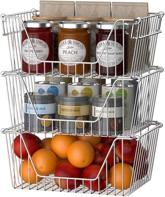 Slideep Large Stackable Storage Baskets Cabinet Organizer Sturdy Metal Wire Pantry Freezer Bin for Pantry Home Bathroom Kitchen Organization 3 Packs