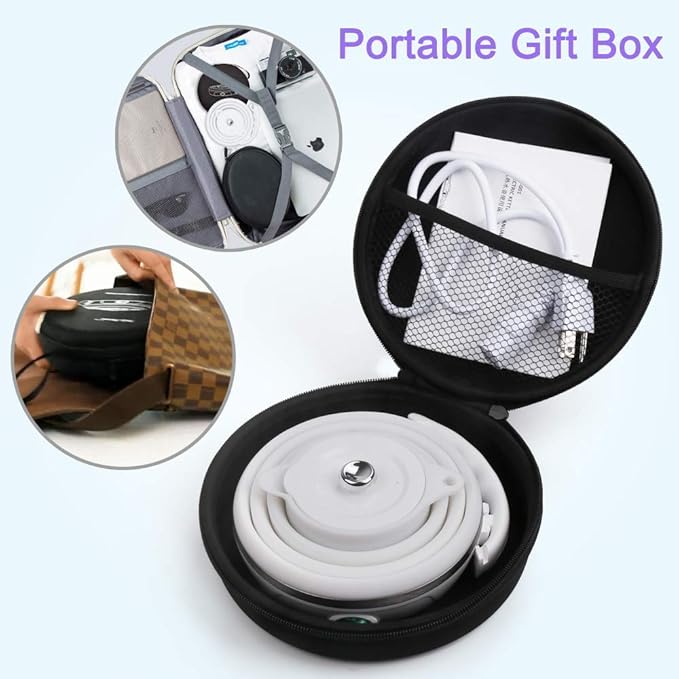 Upgrade Travel Kettle, ShineMe Food Grade Silicone Dual Voltage 110-220V Ultrathin Portable Electric Water Kettle with Cup, Universal Adaptor and Detachable Power Cord, 555ML (White)