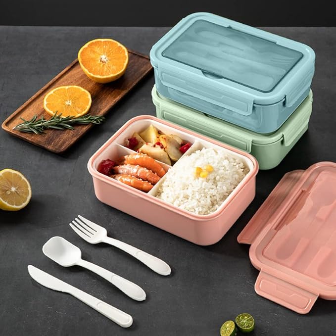 NatraProw Bento Box for Adult, 1400 ML Lunch Containers for Adults, LeakProof Lunch Box with Utensils, BPA Free, 3 Compartment Bento Box Microwave Safe, Light Green