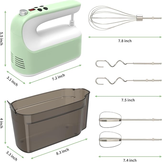 CBQ Hand Mixer Electric, 9 Speed 400W Handheld Mixer with Digital, Touch Button, Turbo, Snop-On Storage Case, 5 Stainless Steel Accessories, Mixer Electric Handheld for Cake, Cookie, Egg (Grass Green)