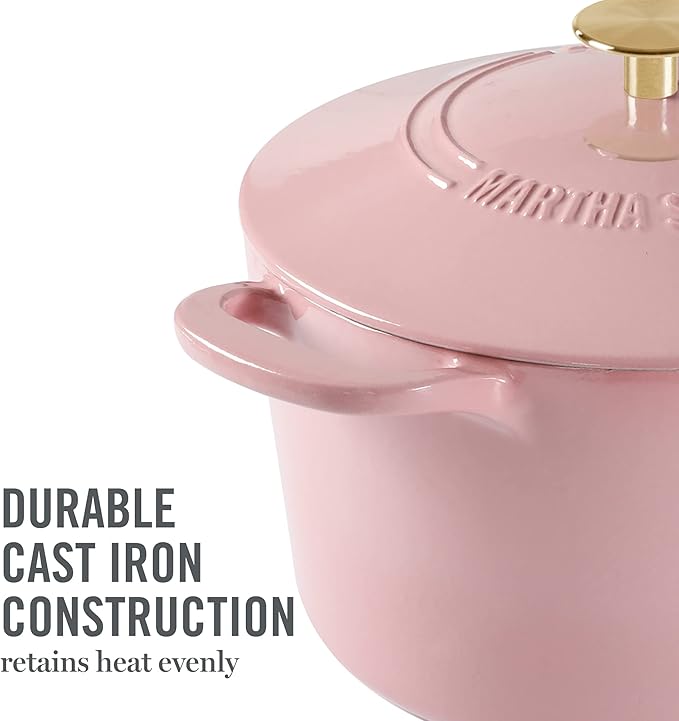 MARTHA STEWART Gatwick 7 QT Enamel Cast Iron Dutch Oven Pot with Lid, Pink