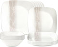 Corelle Vitrelle 18 Piece Glass Dinnerware Sets Rectangular Square Plate and Bowl Set Service for 6, Triple Layer Chip & Crack Resistant Glass Plate and Bowl Sets, Wandering Grove