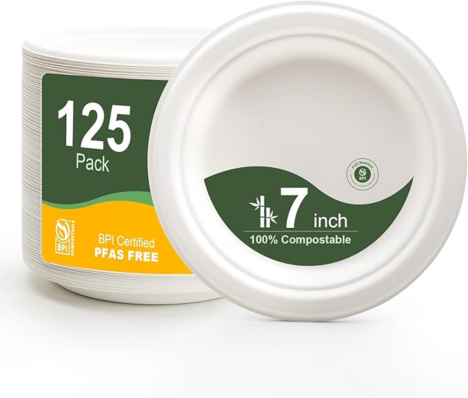 WELLIFE 7 Inch Paper Plates, 125-Pack Small Dessert Paper Plates Bulk, 100% Compostable Biodegradable Bagasse, Eco-Friendly Disposable Plate for Dessert,BBQ,Picnic,Party (BPI Certified,Microwaveable)