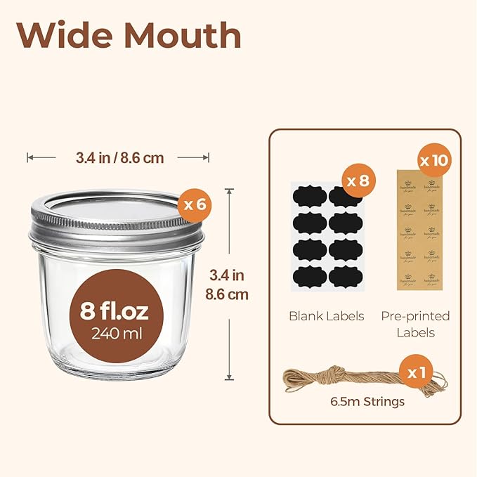 ComSaf Wide Mouth 8 oz Mason Jars with Lids, 6 Pcs Small Mason Containers, Canning Jars, 8oz Glass Jar with Lid, Canning Jars for Jams, Jelly, Sauces, Desserts, chia pudding, Pickle, Gift