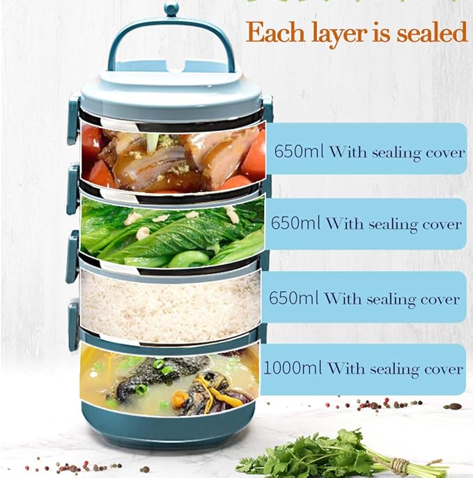 SANQIAHOME 3 Tier Stackable Stainless Steel Lunch Box Sealed(blue, 3 layers) with spoon and fork