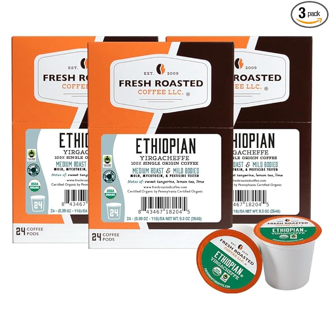 Fresh Roasted Coffee, Organic Ethiopian Yirgacheffe | USDA Organic, Kosher, 3rd Party Tested for Mold, Myco, Pesticides | 72 Pods for K Cup Brewers
